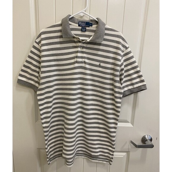 Polo Ralph Lauren Mens Polo Shirt Large Gray Striped Short Sleeve Golf Gray Pony - Picture 3 of 9